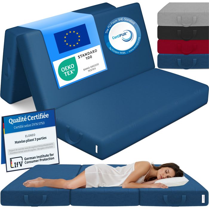ELONEO Matelas Pliant 3 Parties Mousse Épaisse 15 cm Lavable Pour Adulte 160x195x15 cm bleu