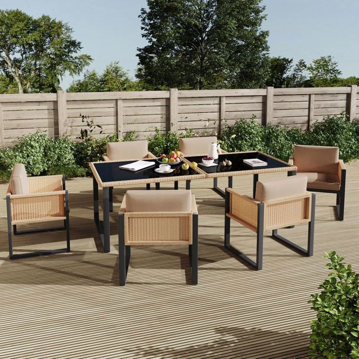 Salon de Jardin 7 Pièces - 6 Personnes - Résine Tressée - 1 Table Verre Trempé + 6 Fauteuils - Coussins Déhoussables - Marron/Noir