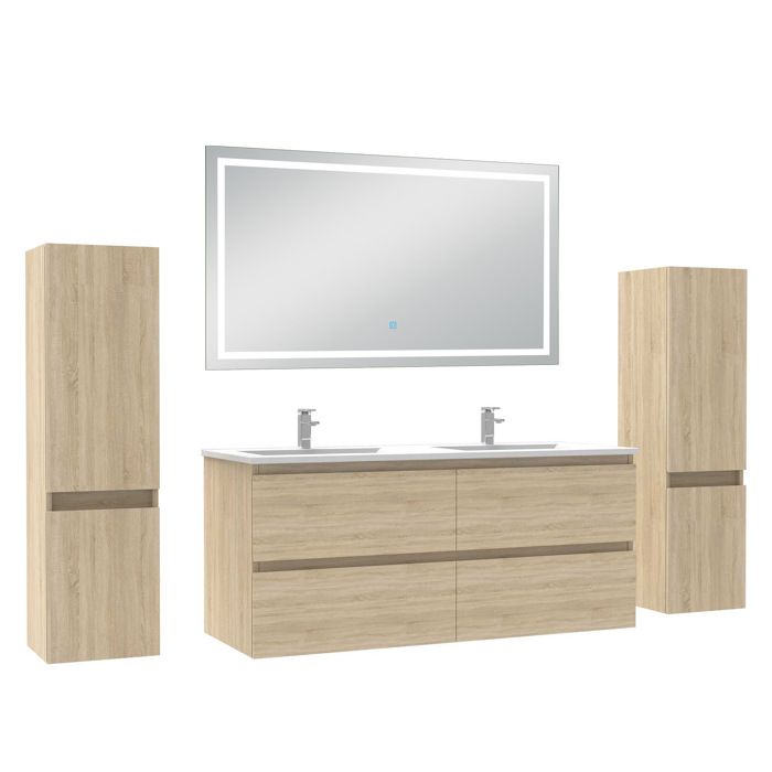AICA Meuble de salle de bain 120 cm chêne mat avec Lavabo 2 colonnes miroir LED 6000K dimmable