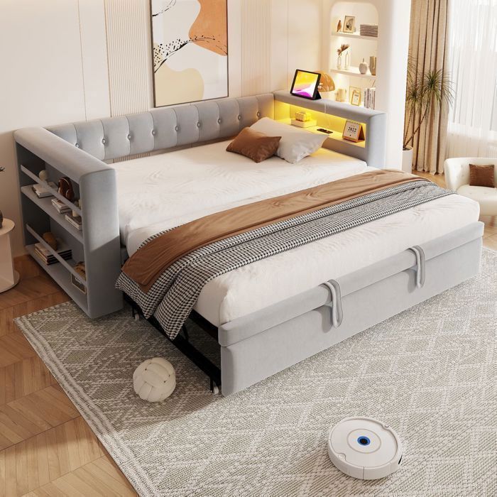 Lit gigogne 90/180x190 cm - avec LED et prises USB - lit 2 places - accoudoir avec rangements velours doux gris clair