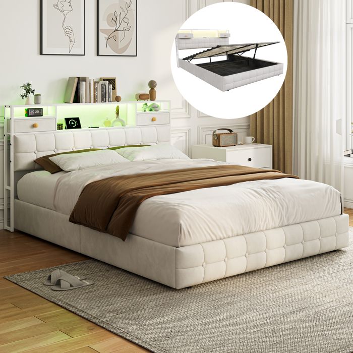 Lit coffre lit double 160x200 cm lit adulte avec LED et chargement USB lit 160 x 200 avec sommier lit capitonné Velours beige