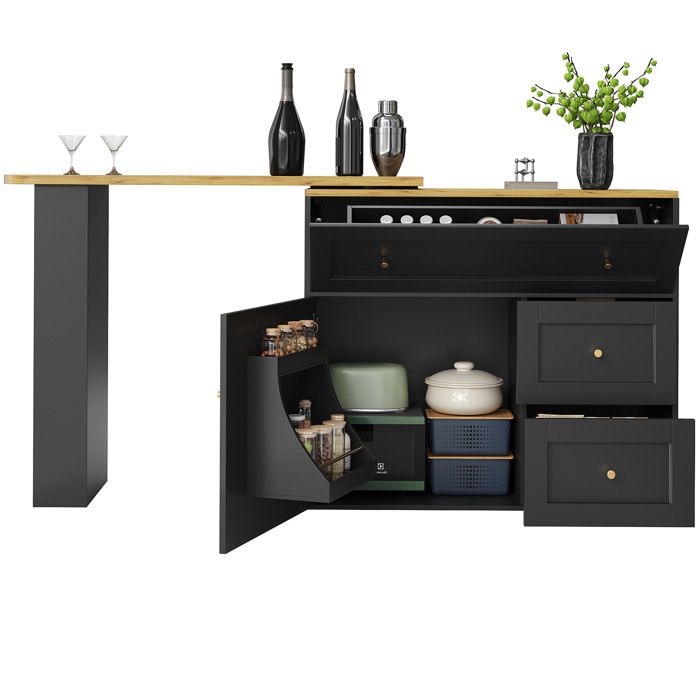 Table haute bistrot extensible noire avec rangement meuble de cuisine 138-204 x 39 x 105 cm