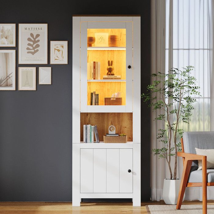 Vitrine sur pied avec 2 portes Darmoire Armoire haute 70x40x188cm - 6 étagères vitrine en verre avec LED blanc+couleur bois naturel