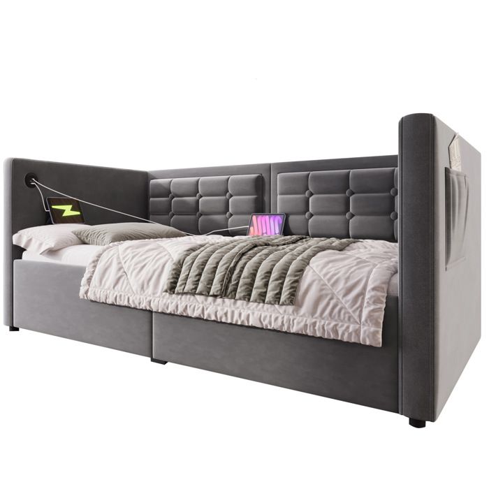 Lit coffre 90 x 200 cm – velours gris – sommier à lattes avec USB et Type-C – sans matelas