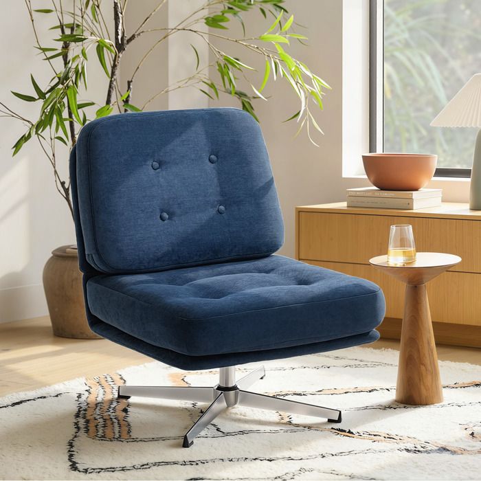 Fauteuil dappoint pivotant rembourré - Chenille bleu foncé - Assise extra-large 70 cm - Ressorts ensachés - Rotation 360°