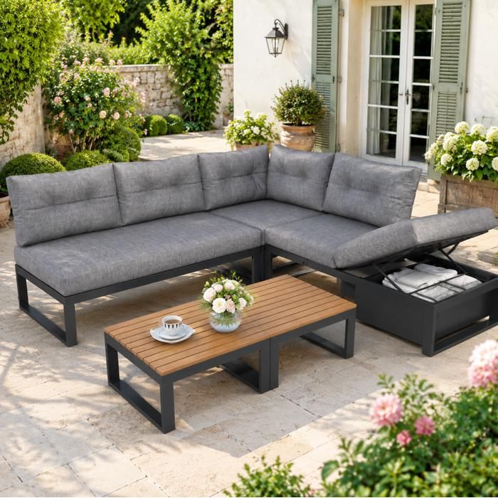Salon de jardin dangle modulable 4 places gris foncé avec dossier réglable 3 positions rangement et table basse