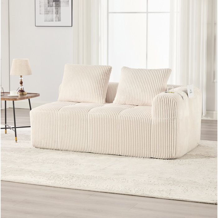 COVREO Canapé fixe 2 places 158 x 93 x 61 cm en corduroy beige porte-gobelet intégré poche latérale