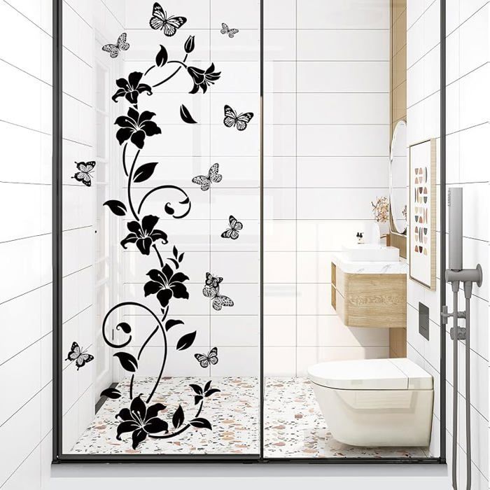 Stickers Muraux Fleurs NoiresAutocolnt Décoratif Noir pour Salle de Bain Porte Salon Frigo Sticker Fleur Noir