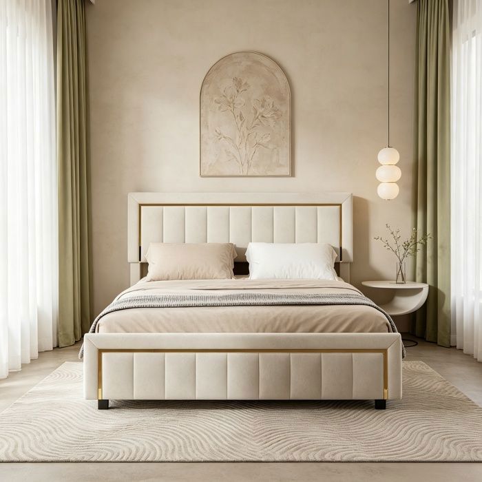 Lit 140x190 cm lit 140x190 avec sommier lit coffre lit double tissu en velours beige
