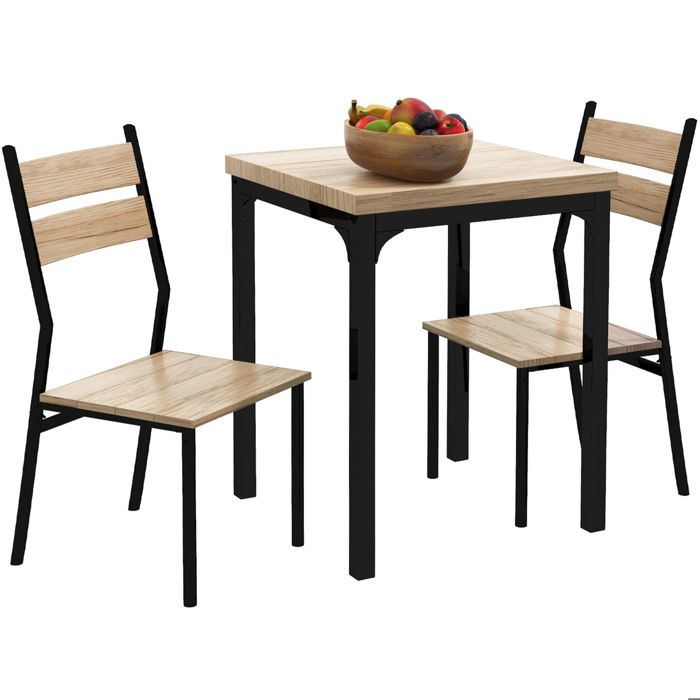 Ensemble table de cuisine 3 pièces 1 table carrée 60 x 60 cm et 2 chaises décor bois naturel et métal noir