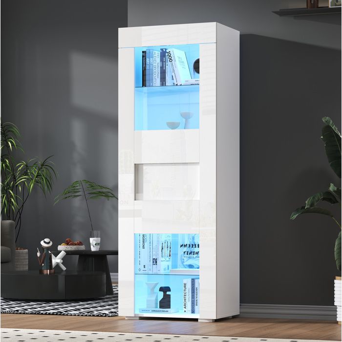 Vitrine 1 porte avec LED 2 étagères en verre réglables façade brillante pour salon MDF blanc 60 × 40 × 170 cm - UVRION