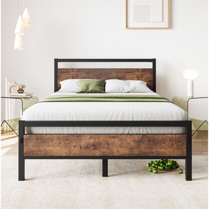 WOVREO Cadre de lit 120 x 200 cm avec sommier a lattes en acier metal et MDF rangement 27 cm marron