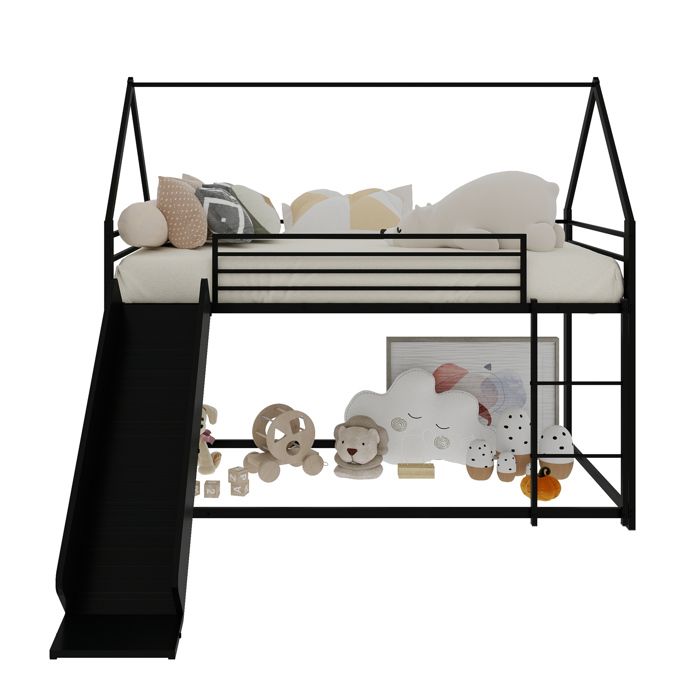 Lit superposé enfant 90 x 190 cm lit cabane avec toboggan échelle métal noir pour deux personnes à monter soi-même