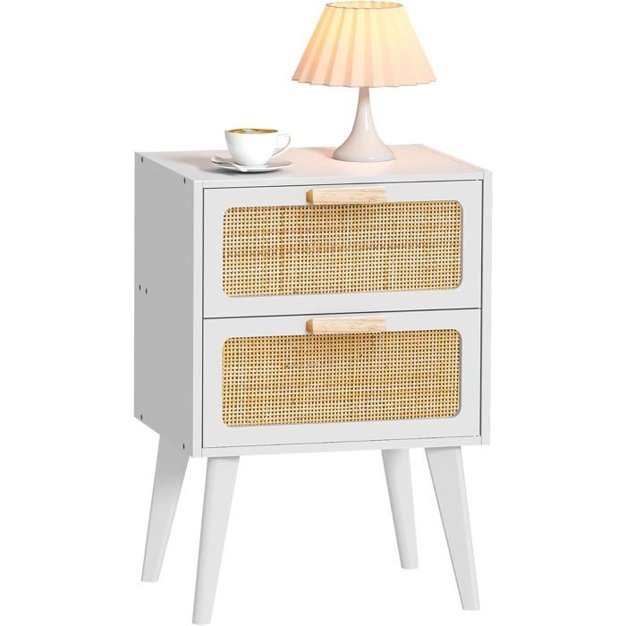 Table de Chevet Scandinave Rotin et Bois - 2 Tiroirs Poignée - Table de Nuit Blanche Bout de Canapé Table dAppoint Salon