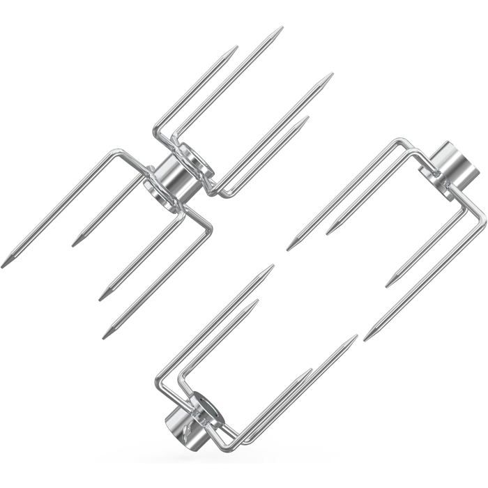 Fourchette tournebroche 4 dents double face barbecue – kit 3 pièces compatible hexagone 12 mm et carré 10 mm / 8 mm
