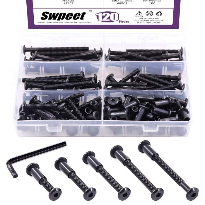 120Pcs M6x35mm / 45mm / 55mm / 65mm / 75mm acier au carbone noir Hex Drive Socket Cap Boulons Kit décrous de baril avec clé Allen