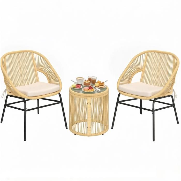 ROVRYN Salon de jardin 2 personnes beige avec 2 fauteuils table ronde en verre trempé et coussins