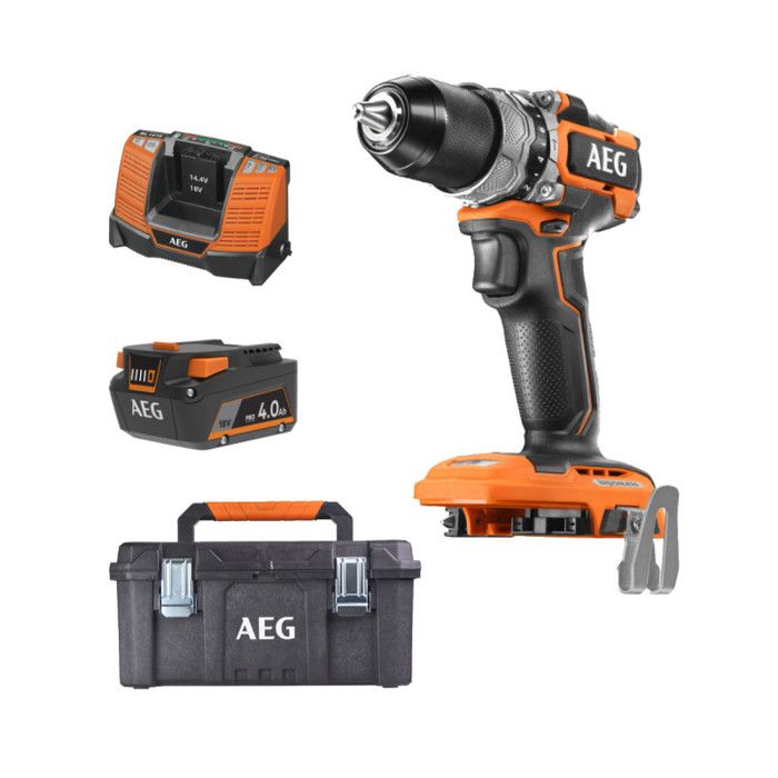 Pack AEG 18V Perceuse percussion Brushless Subcompact Batterie 4.0 Ah Chargeur Caisse de rangement