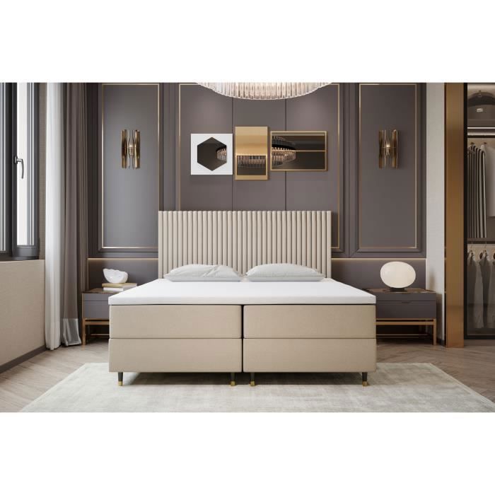 Lit adulte 160x200 cm ESTEPONA - rembourré avec rangement et matelas – Tissu velours - Beige