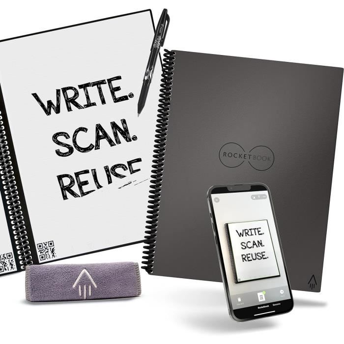 Carnet Rocketbook Core Effaçable | Format A5 | Réutilisable | Stylo Frixion Inclus | Numérise Vers Le Cloud