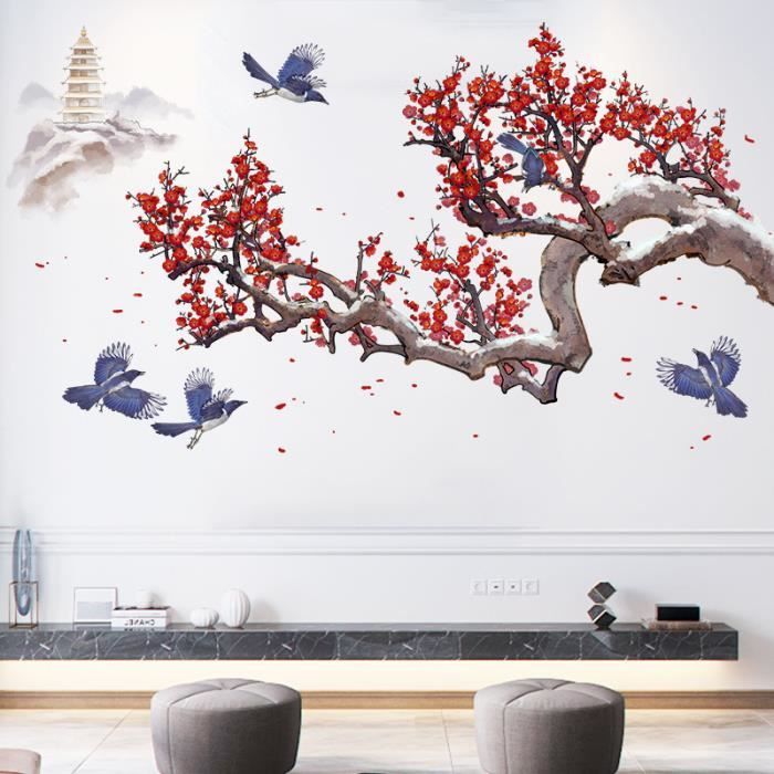 Autocollant Mural Wandaro - Oiseaux Et Fleurs Sur Fond Rond - Déco Chambre/couloir (DL571)