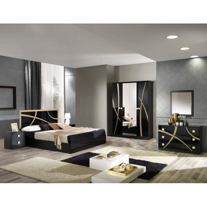 Chambre complète 160*200 Noir/Or - CROSS - Noir - Bois - Lit : L 165 x l 206 x H 106 cm - Chambre complète