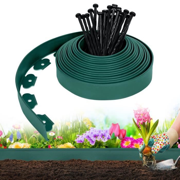 Aufun Bordure de Jardin flexible en Plastique Vert Longueur 10M avec 30 piquets d'ancrage, Bordure de pelouse Douce
