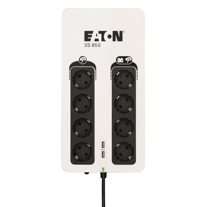 Onduleur/Multiprise/Parafoudre – EATON 3S 850 DIN – Off-line UPS – 3S850D – 850VA (8 prises DIN + 2 ports de charge USB)