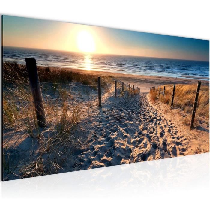 Toile Déco Murale 100x70cm - Scène Plage Ouest Avec Soleil Couchant - Tableau Moderne Pour Salon Et Chambre