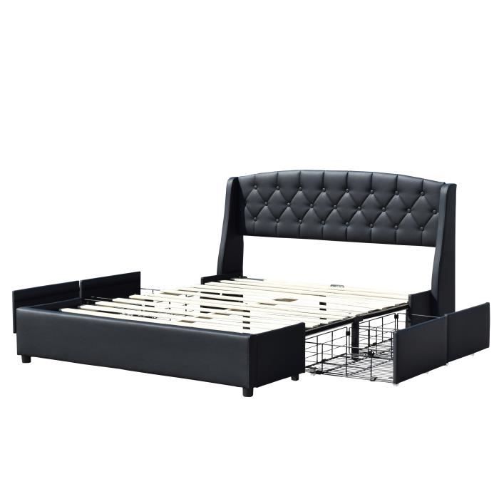 iris - Solide et Confortable Lit 140x200 avec Sommier avec 4 tiroirs Tete de lit Couleur NOIR Pieds en 4 cm - 2