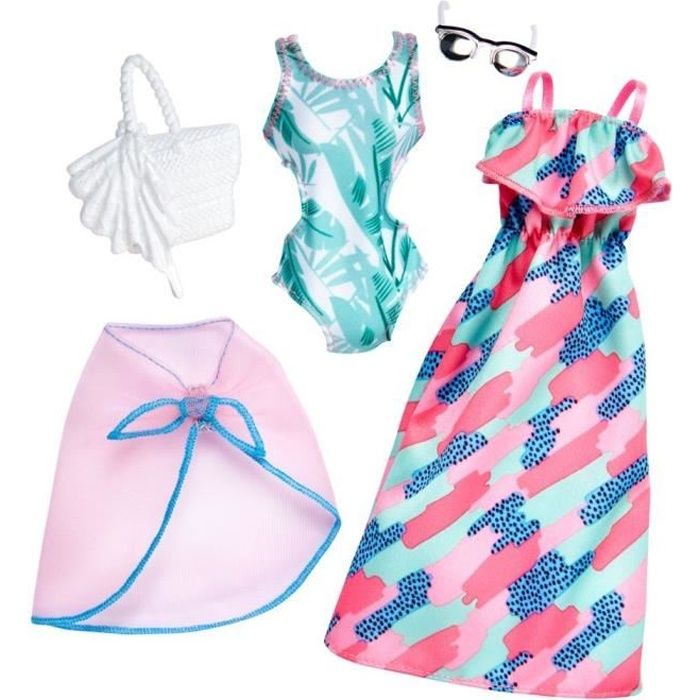 Barbie Fashionistas Kit vêtements Roxy, tenue pour poupée composée d'un  maillot de bain, une robe de plage et 7 accessoires, jouet pour enfant,  GRD57
