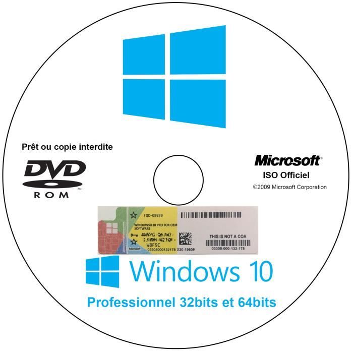 WINDOWS 10 PROFESSIONNEL Stickers officiel ( CoA ) + DVD Cdiscount