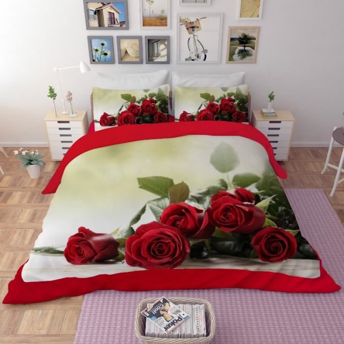 Parure de lit bouquet de roses rouge 3D effet 200*230 cm 4 pieces -  Cdiscount Maison