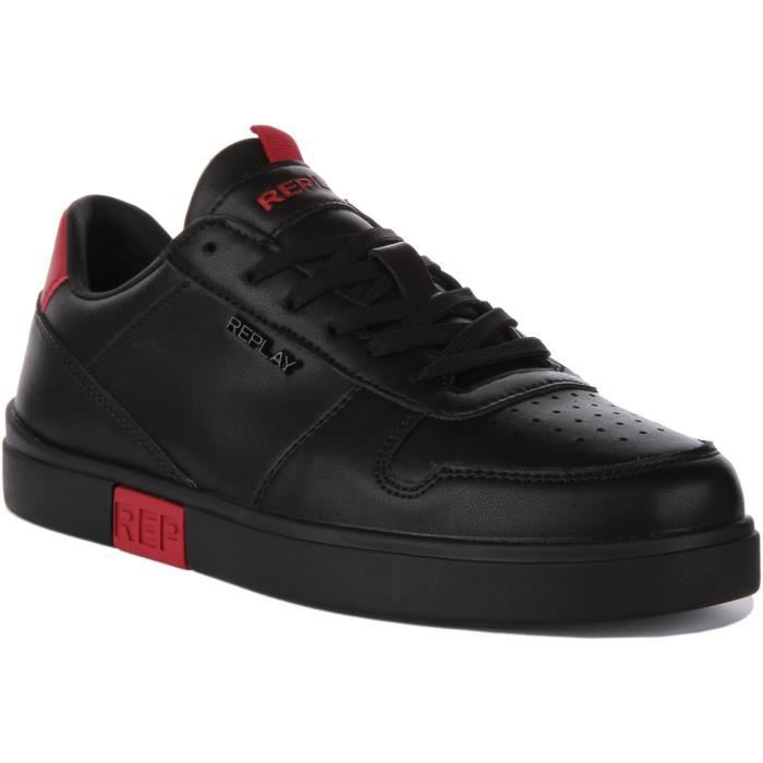 Baskets basses homme REPLAY Polaris Court Cuir Noir Rouge Lacets