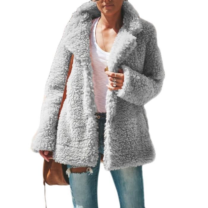 Femme Peluche Epaissir Manteau Revers Outcoat Confortable Doux Outwear Decontractee Coat Elegant Chaud Polaire Court Manteau Gris Gris Cdiscount Pret a Porter