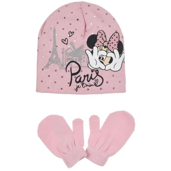 Bonnet et moufles b b enfant fille Minnie Rose et Gris de 9mois