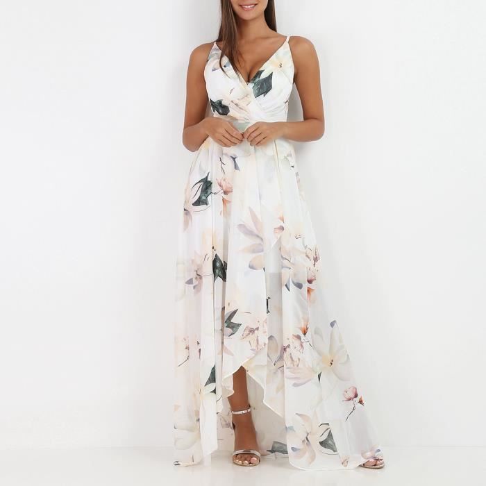 Robe longue blanche fendue asymétrique à fleurs