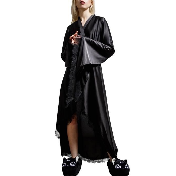 Robe de chambre noire, bordure en dentelle, élégante chill KILLSTAR