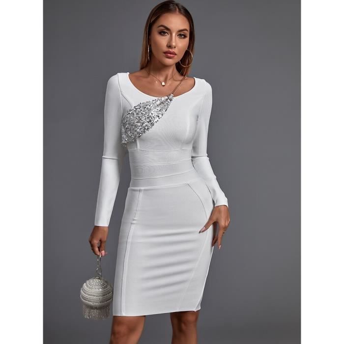 CRAZE Robe bandage a manches longues Robe moulante pour femme Robe de soiree sexy a sequins Blanc Cdiscount Pret a Porter