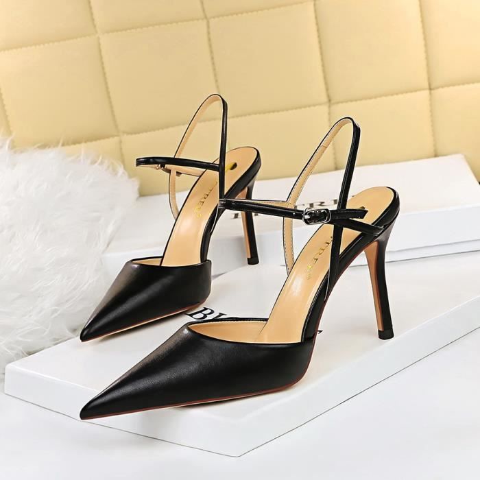 Escarpin Femme d ete Elegant Talon Haut Bout Pointu Noir Synthetique Semelle en Caoutchouc