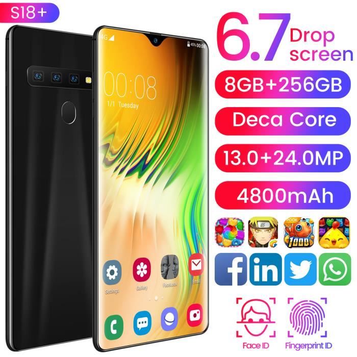 Noir S18 Smartphone Plein Ecran 8gb 256gb Android 10 0 Identification De Visage De Doigt Double Camera 4g Telephone Portable Int