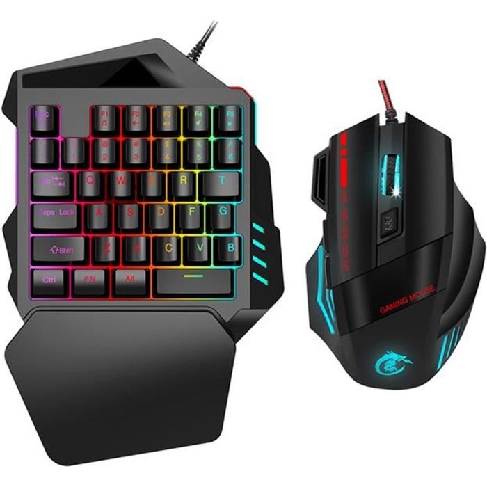 Clavier de jeu à une main – QIILU – J50 – Rétroéclairage LED – 5 DPI réglables – USB 2.0
