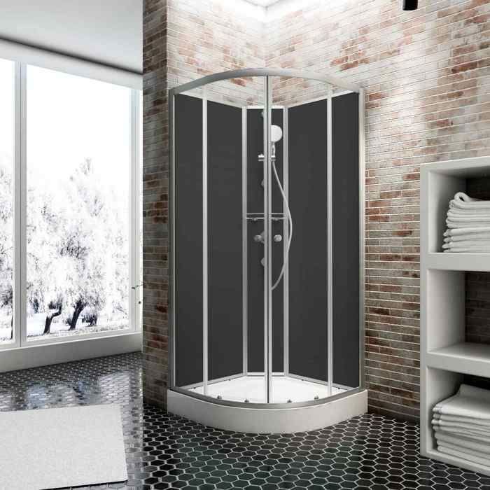 Cabine de douche intégrale, 90 x 90 cm, avec porte coulissante, parois fixes, receveur, panneaux muraux et robinetterie, Schulte