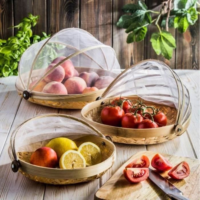 3 Cloches Alimentaires en bambou tissé anti-moustique - Cloches alimentaires pliables, panier à fruits et légumes