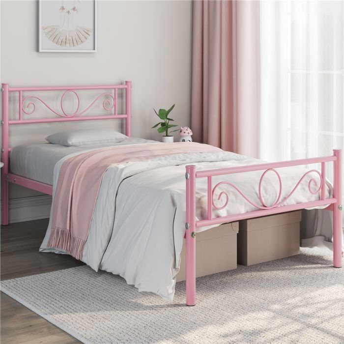 Cadre de Lit Simple en métal 90 x190 cm pour 1 personnes structure de lit à Lattes Surface de Couchage Chambre Rose YAHEETECH