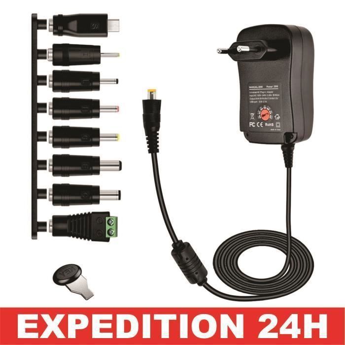 Adaptateur Secteur Universel Vibell 12W – Tension Réglable 3V-12V, 6 Embouts, Câble 1,2A – Pour Routeur, LED, Caméra
