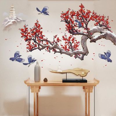 Stickers Muraux Grande Branche Fleurs Cerisier Rose - 4 Feuilles 30x90 Cm - Décor Salon, Chambre, Bureau - Autocollant Amovible