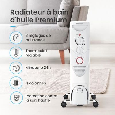 Radiateur Bain D'huile Pro Breeze 2500W - 11 Ailettes Avec Minuterie 24h | 3 Niveaux Chaleur Thermostat