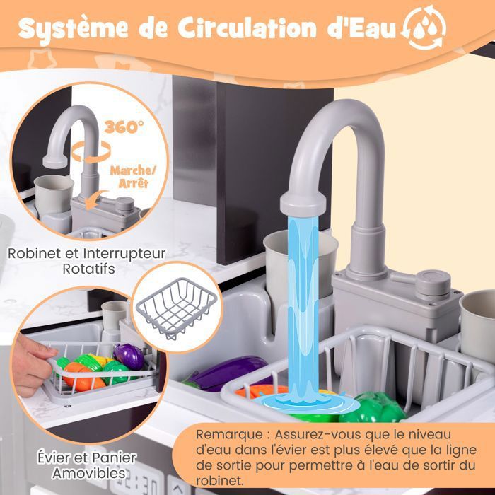 DREAMADE Cuisine Enfant avec Cuisinière à Gaz, Toit avec Rideaux, Micro - Ondes et Robinet