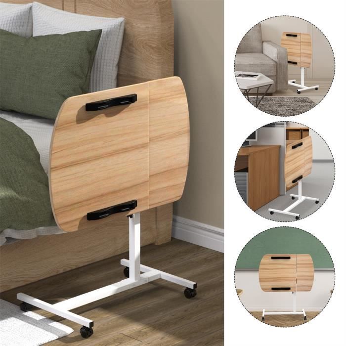 Table D'appoint Mobile à Roulettes Et Hauteur Ajustable - Plateau Pivotant 360° - Pour Chambre, Salon, Lit - 1